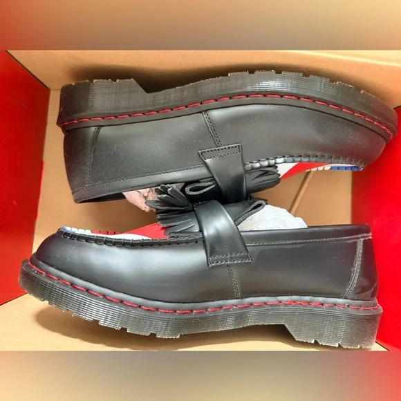 NIB DR MARTENS ADRIAN WHO BLACK UNION JACK SMOOTH LOAFER, SIZE 12